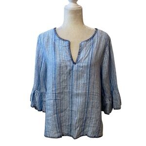 Artisan NY Linen Blue Striped Women's Top Pullover Style 3/4 Sleeves Size Medium